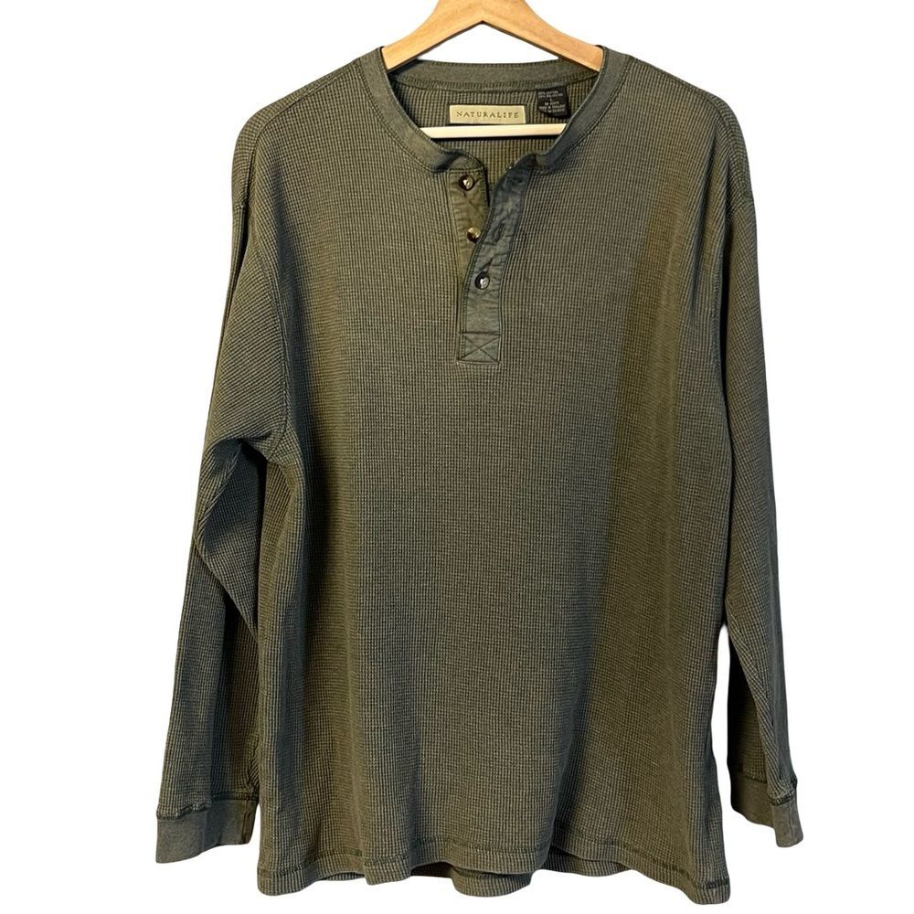 Naturalife Mens Cotton Waffle Knit Thermal Henley Shirt Size L Outdoor Preppy